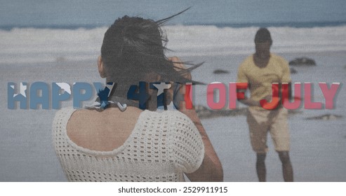 Image of text independence day over african american couple taking photo at beach. patriotism and celebration concept digitally generated image. - Powered by Shutterstock