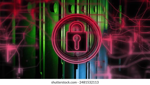 Image of text and neon circles over light spots. Global data processing and digital interface concept digitally generated image.