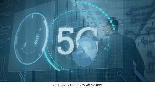 Image of text scopes and data processing over grid. Global computer and digital security concept digitally generated image.