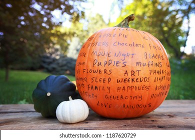 Image Of A Thankful Or Gratitude Pumpkin Holiday Craft Tradition, Thankful Words Written On A Pumpkin