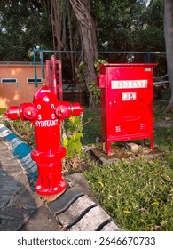In the image, there is a red fire hydrant located on the left side, positioned on a paved area next to a grassy patch. The hydrant has 