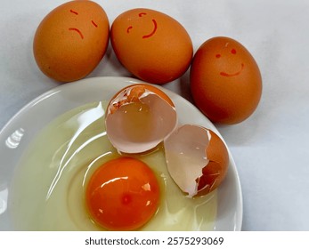 In the image, three brown eggs with smiley faces are drawn on them, placed above a white plate holding a cracked egg. The contents of the cracked egg—yolk and egg white—are visible on the plate alongs