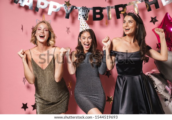 Image Three Excited Party Girls Festive Stock Photo (Edit Now) 1544519693