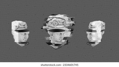 Image of three head sculptures pixelating on grey pattern background. Pattern, colour and movement concept digitally generated image. - Powered by Shutterstock