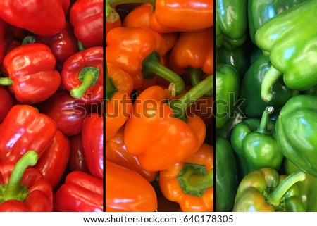 Image of three segments of top view red, yellow and green bell peppers in a pile