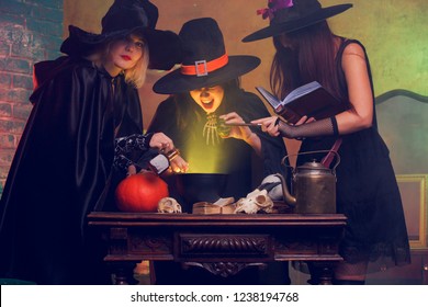 Photo Three Witches Boiling Potion Cauldron Stock Photo (Edit Now ...