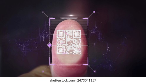 Image of thumb scanning on qr code, connected dots, circuit board pattern over map. Digital composite, multiple exposure, global, barcode, biometric, communication and technology concept. - Powered by Shutterstock - Get 15% off with code: PIKWIZARD15
