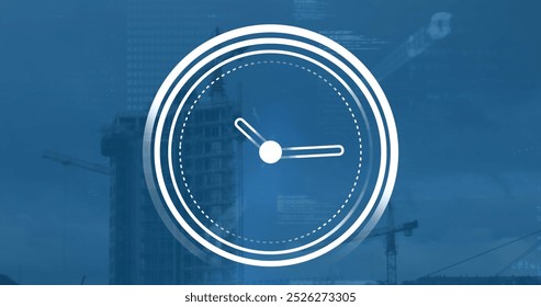 Image of ticking clock icon and data processing against aerial view of construction site. Computer interface and business technology concept