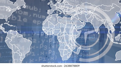 Image of ticking clock, world map and data processing against empty computer server room. Computer interface and business data storage technology concept - Powered by Shutterstock - Get 15% off with code: PIKWIZARD15