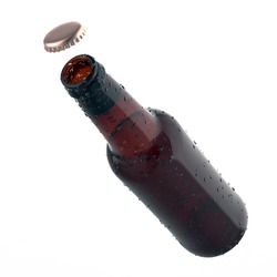 Image Of A Tilted Brown Beer Bottle  Open On white Background.