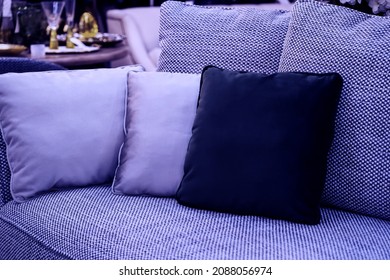 image toned in pantone color of the year 2022 very peri. cushions on cozy violet sofa. Pillows on casual couch in the living room - Shutterstock ID 2088056974