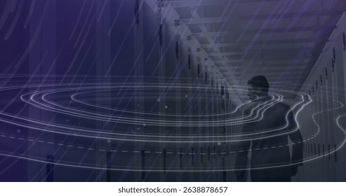 Image of topography and light trails falling over male engineer walking in server room. Global networking and business storage technology concept