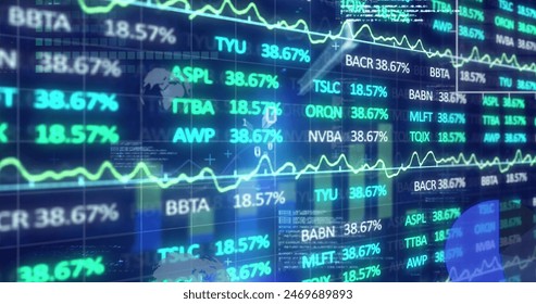 Image of trading board and binary codes over graphs, globe and computer language in background. Digitally generated, hologram, globalization, stock market, report, business, coding concept.