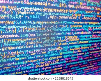 Image of trading board and binary codes over graphs, globe and computer language in background. Programming concept. Macro pixels backdrop. Template of website, selective focus. Happy birthday.