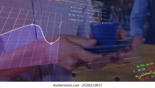 Image of trading board, graph, midsection of barista serving coffee to customer in cafes. Digital composite, multiple exposure, stock market, report, service, drink, beverage and investment. - Powered by Shutterstock