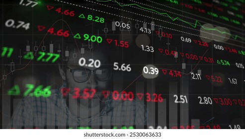 Image of trading board and graphs over tired caucasian man working on laptop. Digital composite, multiple exposure, stock market, report, business, growth and technology concept. - Powered by Shutterstock