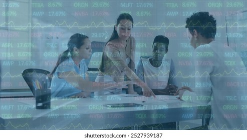 Image of trading board over diverse coworkers discussing strategy in meeting at office. Digital composite, multiple exposure, stock market, business, teamwork, communication and technology. - Powered by Shutterstock