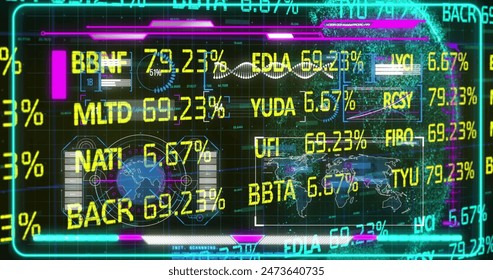 Image of trading board over infographic interface against rotating globe. Digitally generated, hologram, globalization, molecule, medical, healthcare, stock market and investment concept. - Powered by Shutterstock - Get 15% off with code: PIKWIZARD15