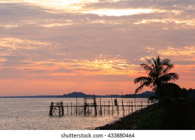 Image of traditional fishermen timber and bamboo jetty known as Langgai during windy sunset. - Shutterstock ID 433880464