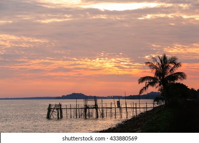 Image of traditional fishermen timber and bamboo jetty known as Langgai during windy sunset. - Shutterstock ID 433880569