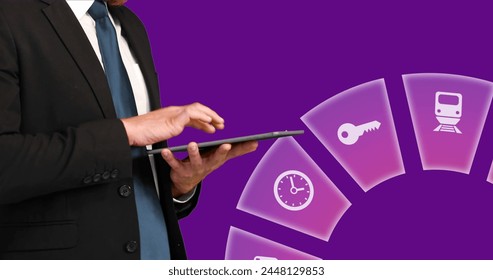 Image of travel icons and caucasian man using tablet on purple background. Global travel, technology, digital interface and data processing concept digitally generated image. - Powered by Shutterstock