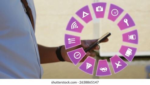 Image of travel icons and caucasian man using smartphone in background. Global travel, technology, digital interface and data processing concept digitally generated image.