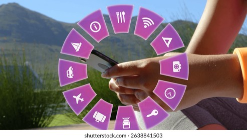 Image of travel icons and caucasian woman using smartphone in background. Global travel, technology, digital interface and data processing concept digitally generated image.
