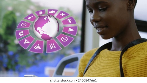 Image of travel icons with globe and african american woman using smartphone in background. Global travel, technology, digital interface and data processing concept digitally generated image. - Powered by Shutterstock