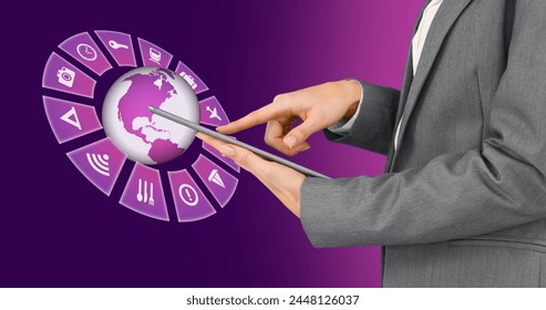 Image of travel icons with globe and caucasian woman using tablet on purple background. Global travel, technology, digital interface and data processing concept digitally generated image. - Powered by Shutterstock