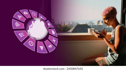 Image of travel icons with globe and caucasian woman using smartphone. Global travel, technology, digital interface and data processing concept digitally generated image. - Powered by Shutterstock