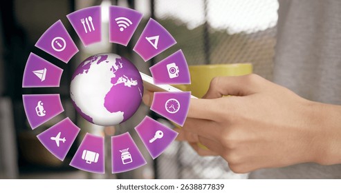 Image of travel icons with globe and caucasian man using smartphone in background. Global travel, technology, digital interface and data processing concept digitally generated image. - Powered by Shutterstock - Get 15% off with code: PIKWIZARD15