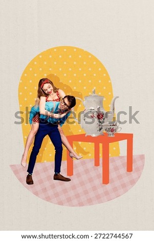 Image trendy 3d vertical artwork collage of two happy girl guy stand together coffee cup teapot affection feelings love relationships.