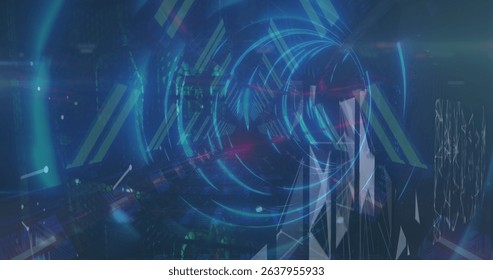 Image of tunnel made of lights, shapes and lights. Network, connections, data processing and technology concept digitally generated image. - Powered by Shutterstock - Get 15% off with code: PIKWIZARD15