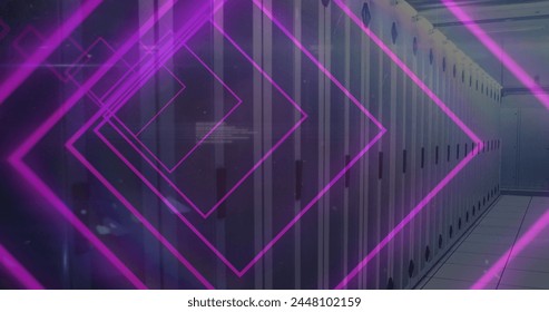 Image of tunnel with neon shapes over data processing and server room. global technology, social media and digital interface concept digitally generated image.