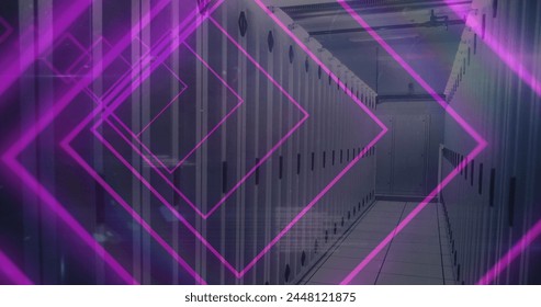 Image of tunnel with neon shapes over data processing and server room. global technology, social media and digital interface concept digitally generated image.