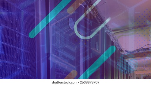 Image of tunnel and shapes over server room. Global technology, computing and digital interface concept digitally generated image.