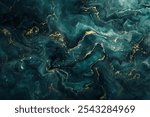 Image of Turquoise green dark marble fluid art pattern with golden veins close up. Texture for background usage