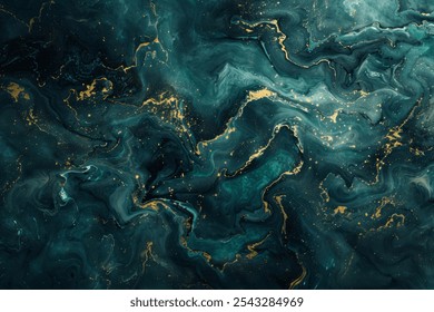 Image of Turquoise green dark marble fluid art pattern with golden veins close up. Texture for background usage