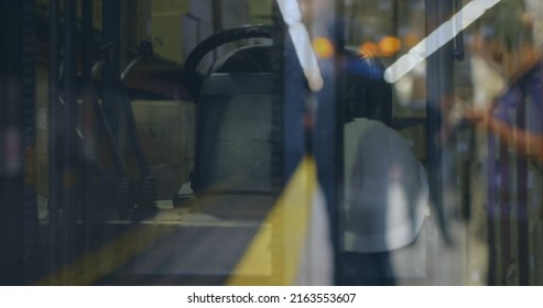 Image Of Turret Truck Over Workers In Warehouse. Global Business And Digital Interface Concept Digitally Generated Image.