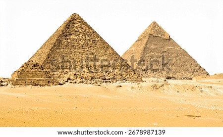 Image of two ancient pyramids standing in a sandy desert, isolated on a white background. Ideal for historical, travel, or archaeological projects.