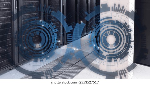 Image of two blue circular scanners processing over server room. Connection, data, processing, digital interface and communication, digitally generated image.