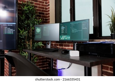 Image Of Two Computer Screens Displaying Software Data Information And Integrated Algorithms. Multiple Display Cyber Security Setup Computing Artificial Intelligence Communication Program.