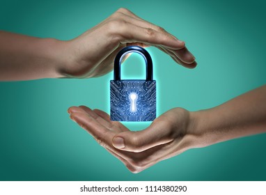 Image Of Two Hands On Blue And Green Background. Closed Lock Icon In The Center, As A Symbol Of Confidentiality, Data Protection And Security. 