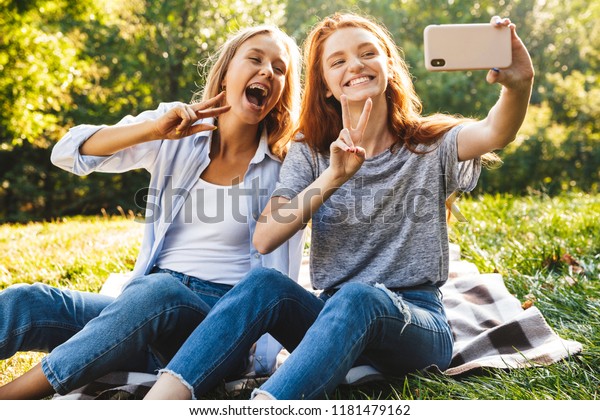 Image Two Happy Girls Students Wearing Stock Photo 1181479162 ...