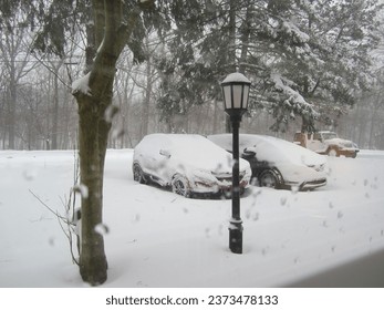 An image of two vehicles parked next to a lamppost on a snowy day - Powered by Shutterstock