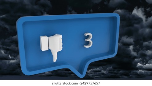 Image of unlike icon with numbers on speech bubble over sky and clouds. global social media and communication concept digitally generated image. - Powered by Shutterstock