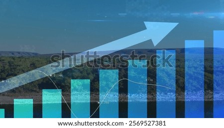 Image of upward arrow and graphs processing data over sky and landscape. Data, digital interface, business, growth, connection, processing and global communication, digitally generated image.