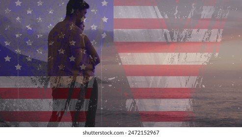 Image of usa flag effect against biracial couple embracing each other at the beach. Independence day celebration and holiday concept - Powered by Shutterstock