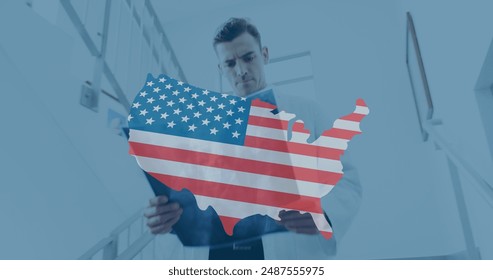 Image of usa map with flag over caucasian female and male doctors talking on corridor. American patriotism, medicine and health concept digitally generated image. - Powered by Shutterstock