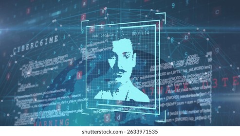 Image of user photo and data processing over globe on navy background. Data processing, social media and technology concept digitally generated image.